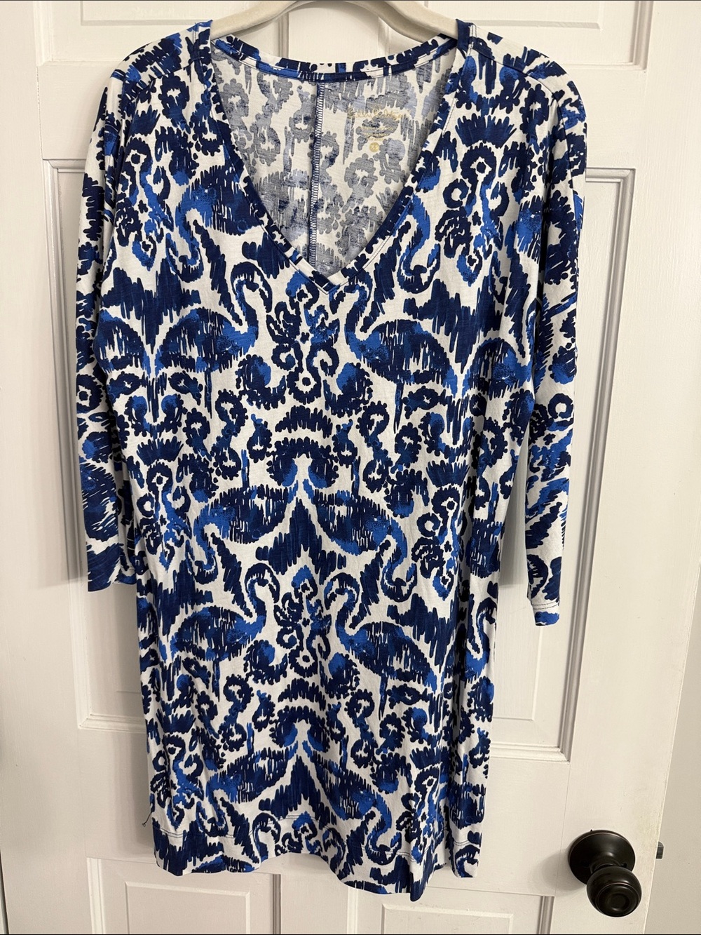 Lilly Pulitzer Blue and White V-Neck Long Sleeve Dress